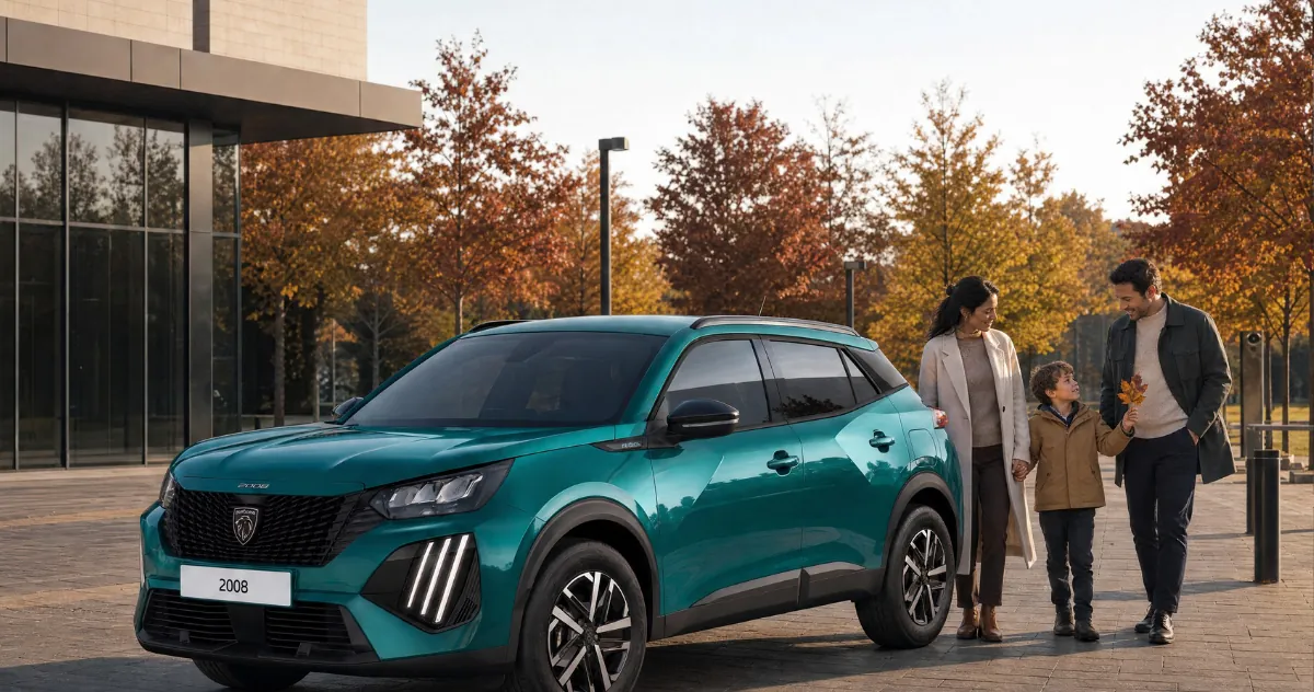Peugeot 2008 z rodziną na jesiennym placu