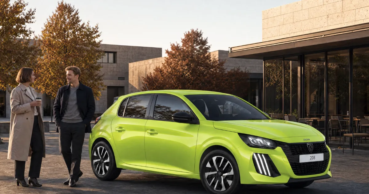 Peugeot 208 i rozmawiająca para na jesiennym placu