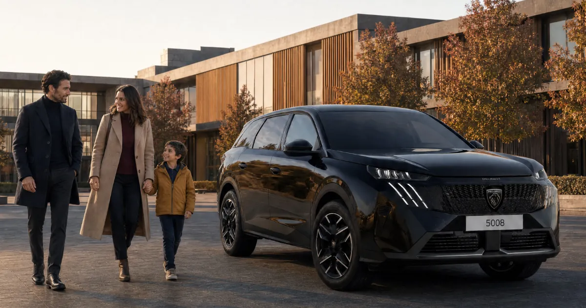 Peugeot 5008 z rodziną przed nowoczesnym budynkiem